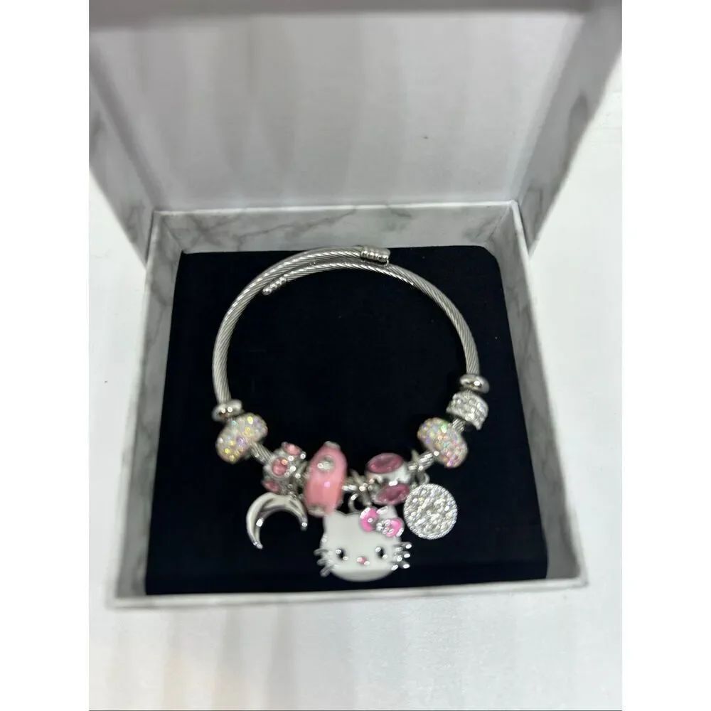 🎀 Hello Kitty Pink Charm Bracelet | Silver Tone Cable Bangle | Gift Ready 🎀
